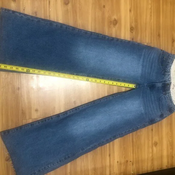 Edikted Wide Leg Jeans, Blue Washed Denim High Lace Trim "S" - Picture 4 of 12